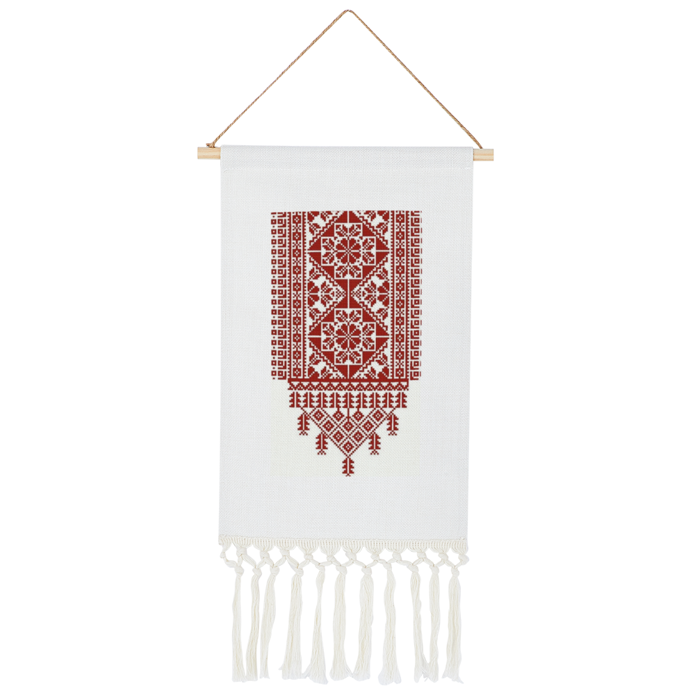 Tatreez Print Linen Tapestry with Tassel Cotton Linen Wall Hanging