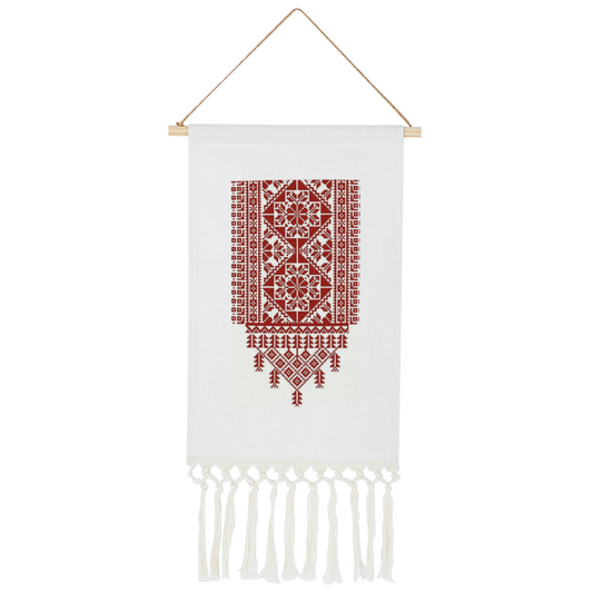 Tatreez Print Linen Tapestry with Tassel Cotton Linen Wall Hanging