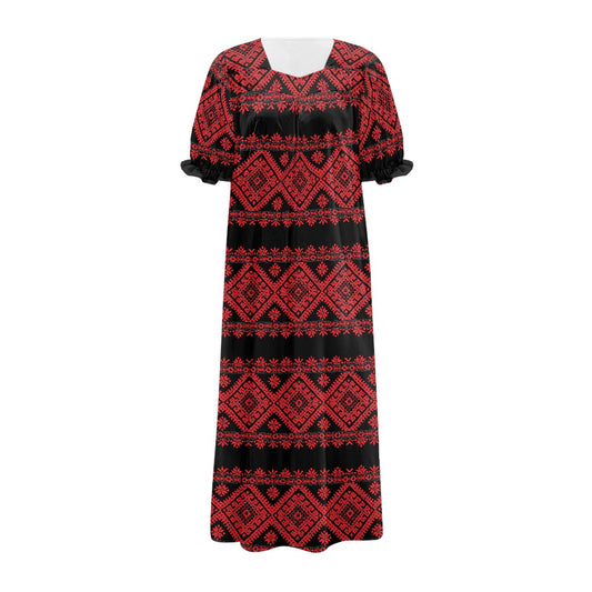 Palestinian Tatreez Print Puff sleeve dress,