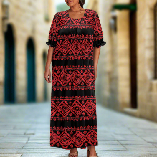 Palestinian Tatreez Print Puff sleeve dress,