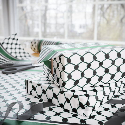 Keffiyeh Pattern Wrapping Paper - Palestinian Black & White with Green Stripes