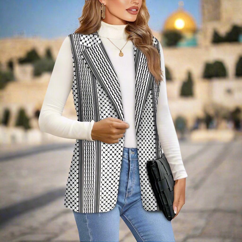 Woman wearing the Palestinian Kuffiyeh Vest Suite in the streets of Jerusalem Palestine