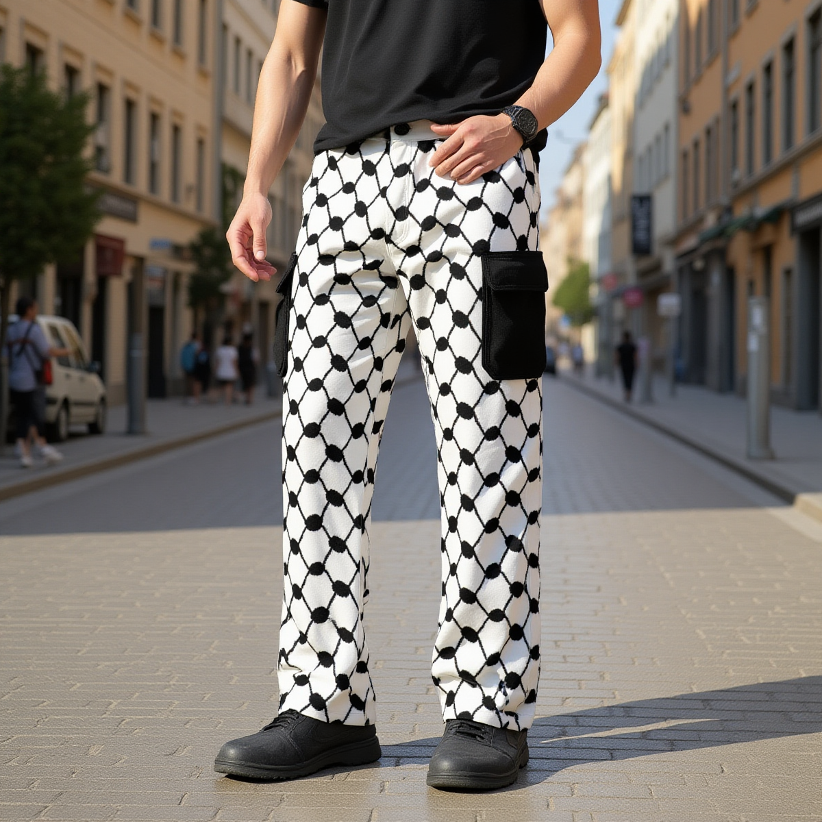 Person wearing keffiyeh black and white checkered pants on a city street.