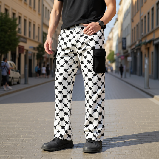 Person wearing keffiyeh black and white checkered pants on a city street.