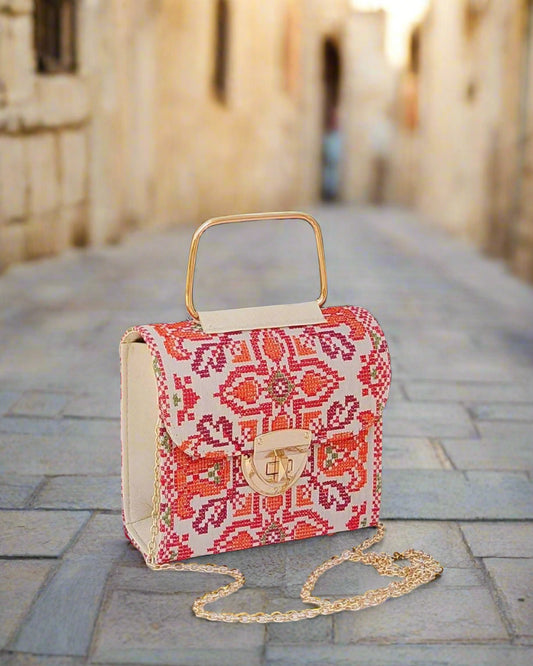 Decorative Embroidered tatreez handbag with geometric pattern in jerusalem palestine