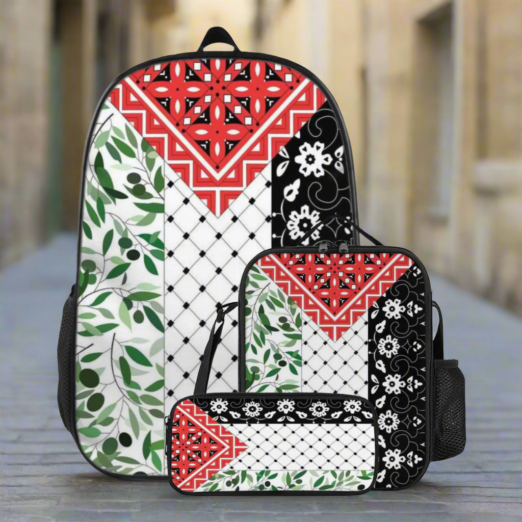 Palestinian Flag Backpack, lunch box, and pencil case in the streets of jerusalem, Palestine