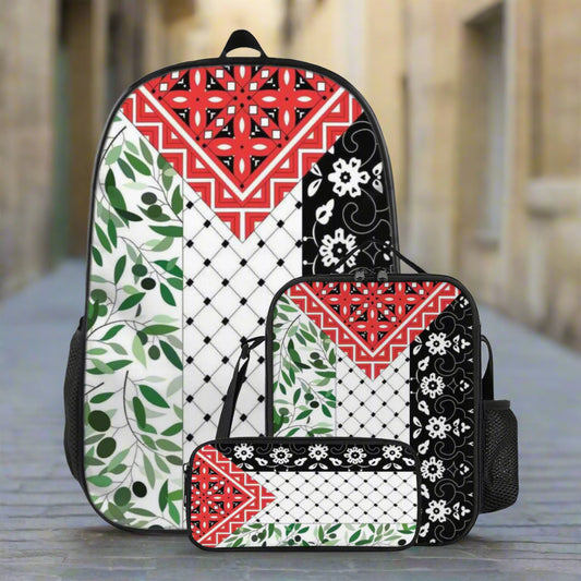 Palestinian Flag Backpack, lunch box, and pencil case in the streets of jerusalem, Palestine