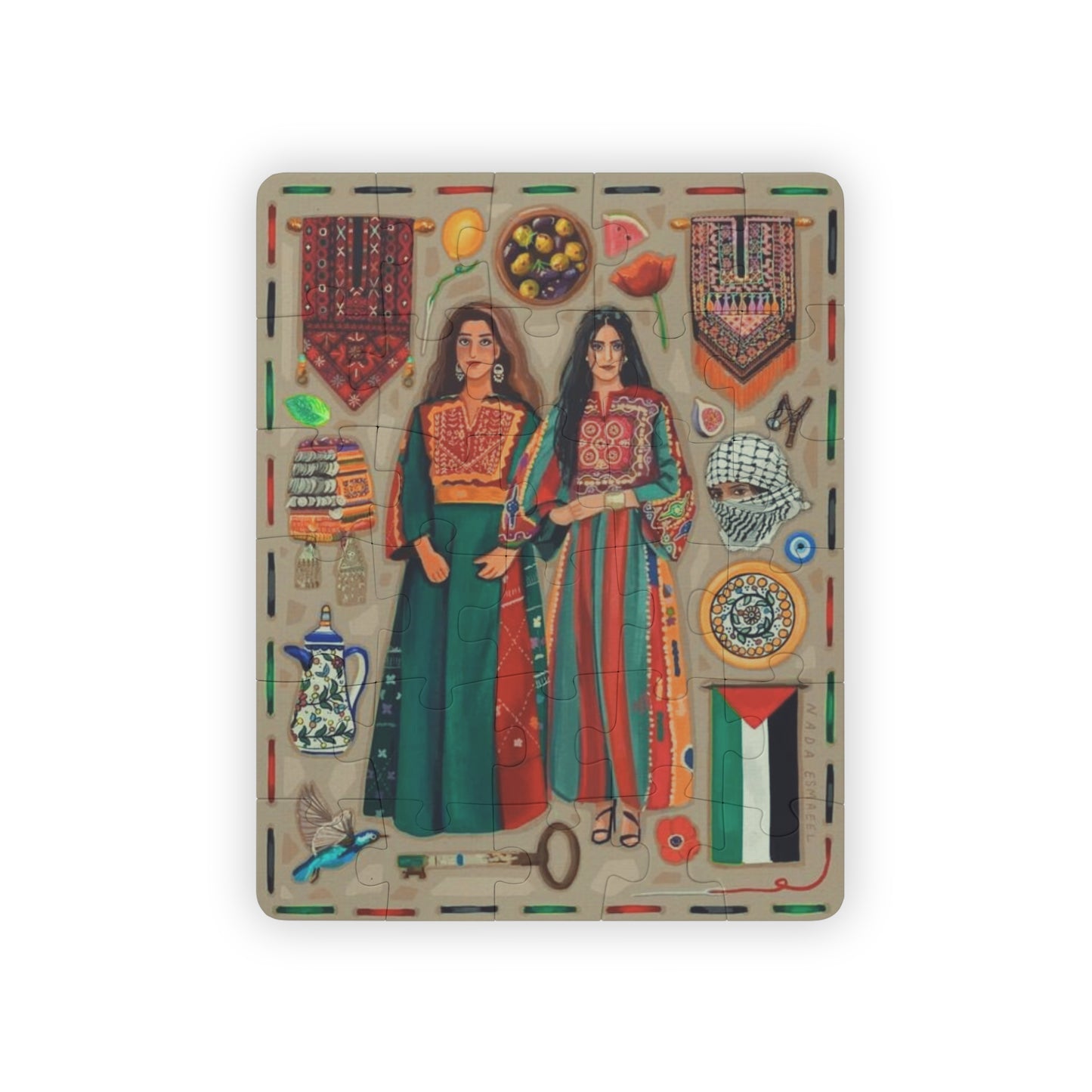 This is a puzzle of two Palestinian woman with palestinian motifs of palestinian flag, tatreez embroidery, kuffiyeh, figs, coffee, right of return key, and watermelon. 