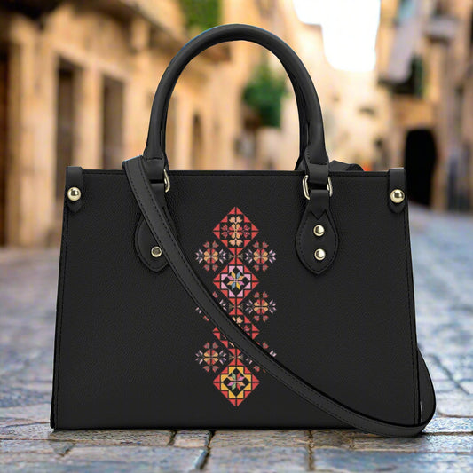Black leather Bag with Palestinian Tatreez Motif
