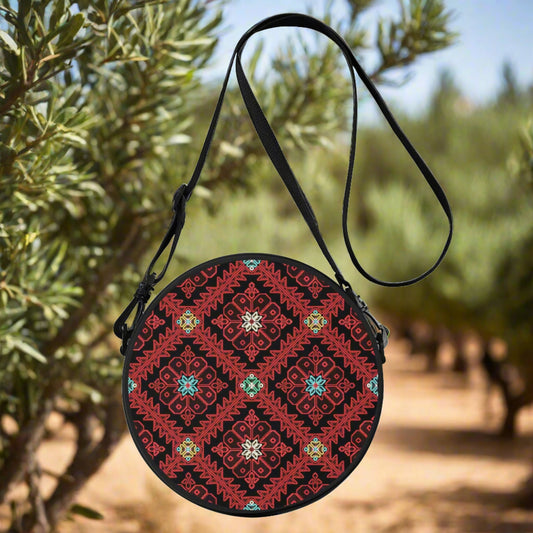 Palestinian tatreez print round bag with strap