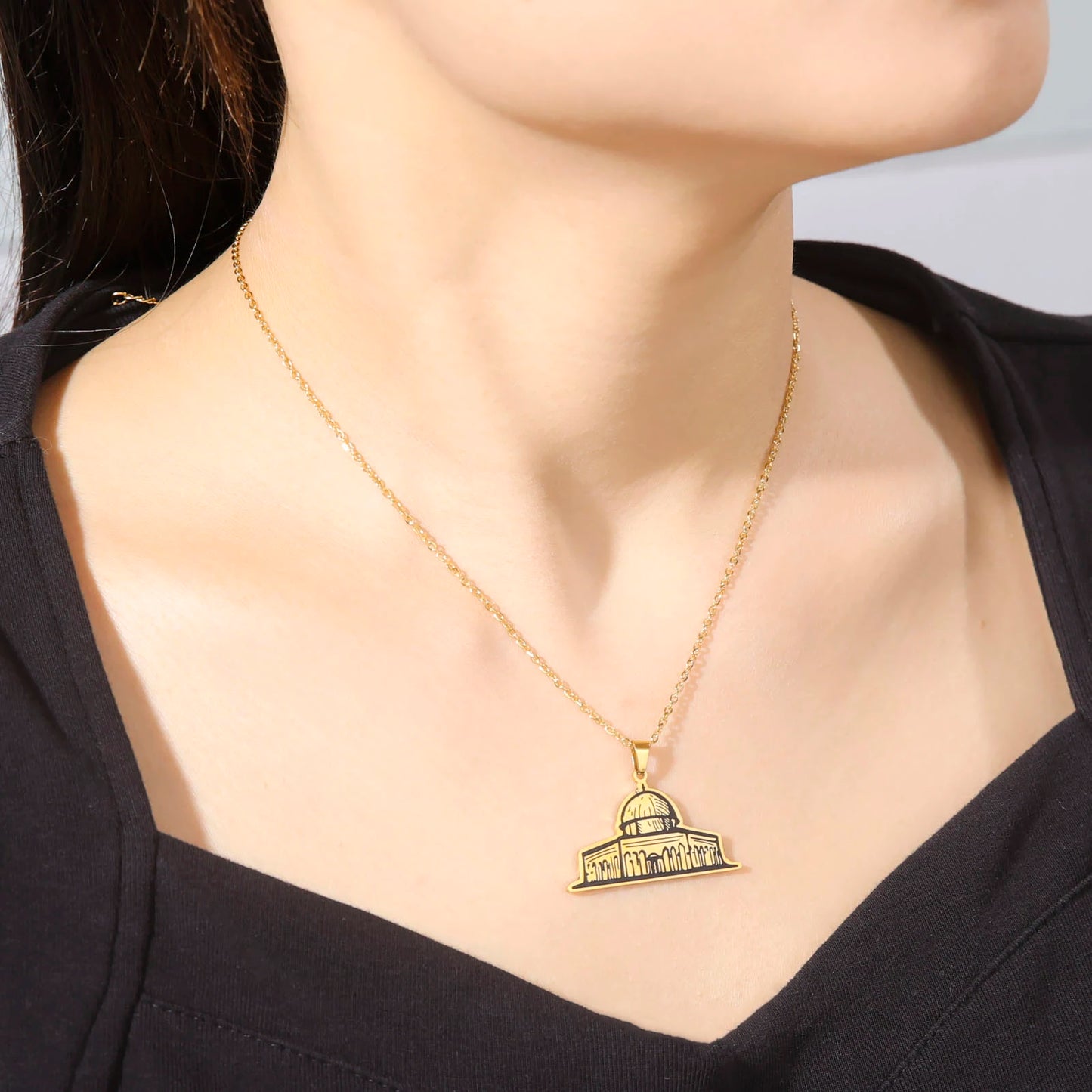 Vintage Islamic Dome of the Rock Mosque Jerusalem Pendant Women's Necklace Stainless Steel Jewelry