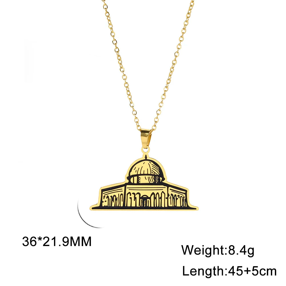 Vintage Islamic Dome of the Rock Mosque Jerusalem Pendant Women's Necklace Stainless Steel Jewelry