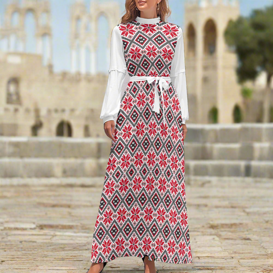A woman wearing a tatreez print palestinian white and red dress in the streets of Jerusalem, Palestine