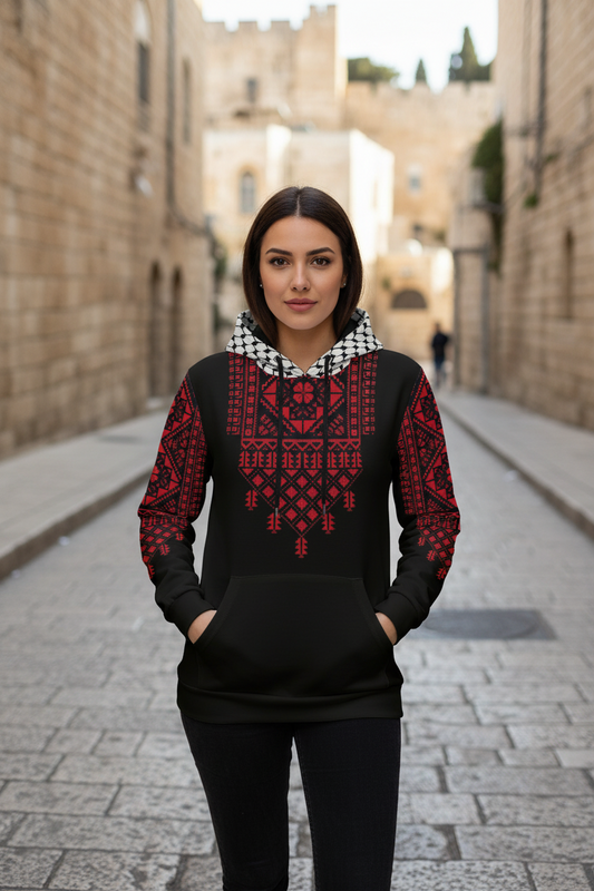 Palestinian Realistic Print Pattern kuffiyeh Women's Hoodie Crewneck, Red