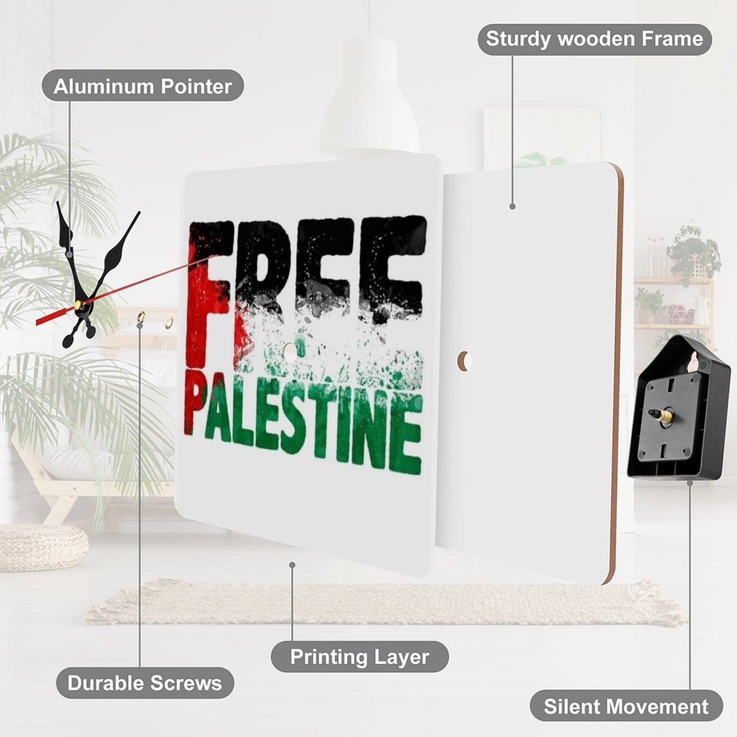 Free Palestine Square Wall Clock without Numbers (Made in USA)