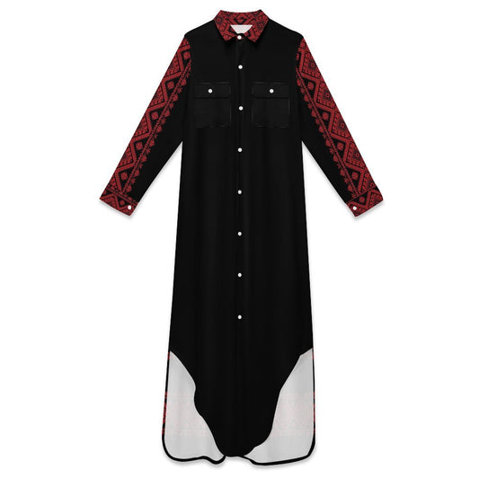 Palestinian Tatreez Print Long Modest Shirt Dress