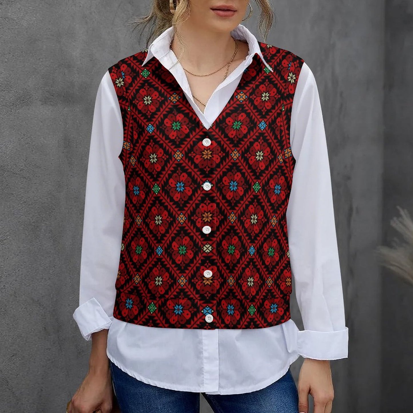 Palestinian Tatreez Print Sleeveless Work Graduation Cardigan Vest