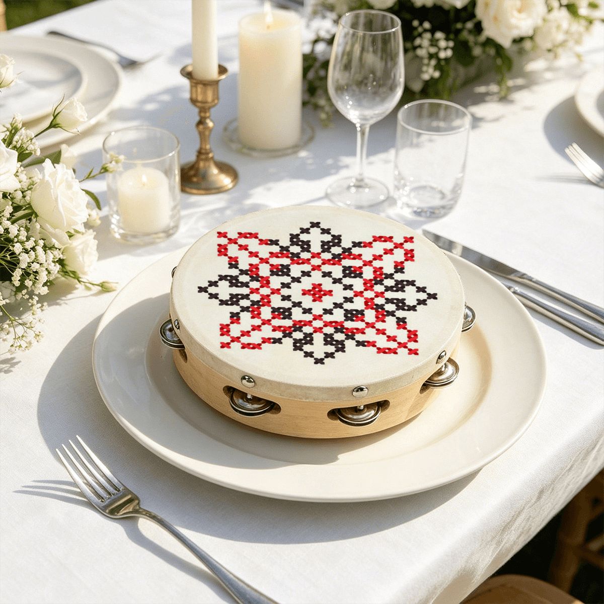 Tatreez Print Wedding Tambourine with Ribbon