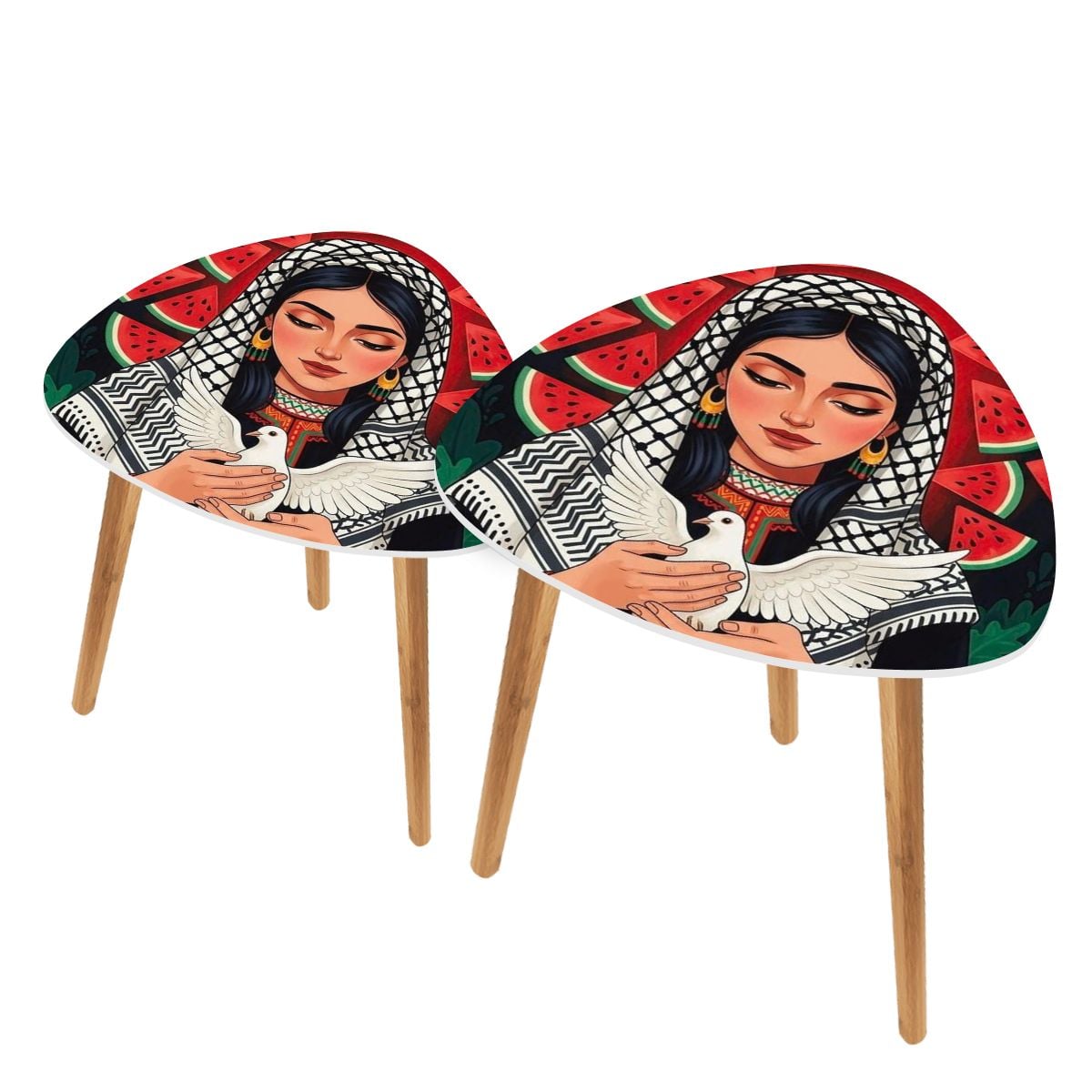 Palestinian Woman Dove Keffiyeh Triangle Coffee Table Set of 2
