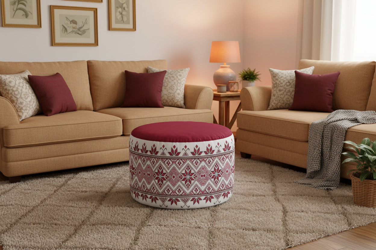 Palestinian Tatreez Print Round Pouf Ottoman