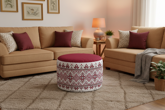 Palestinian Tatreez Print Round Pouf Ottoman