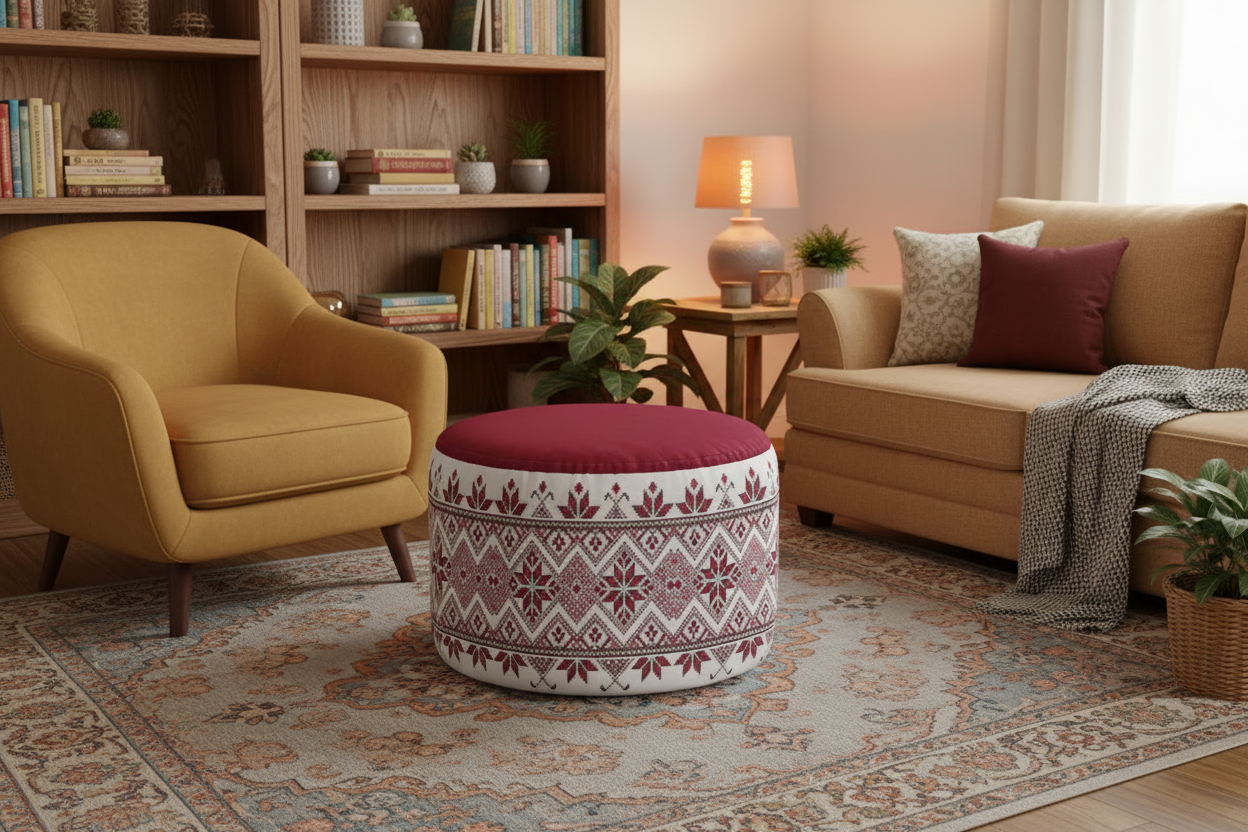 Palestinian Tatreez Print Round Pouf Ottoman