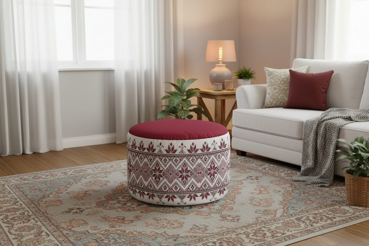 Palestinian Tatreez Print Round Pouf Ottoman
