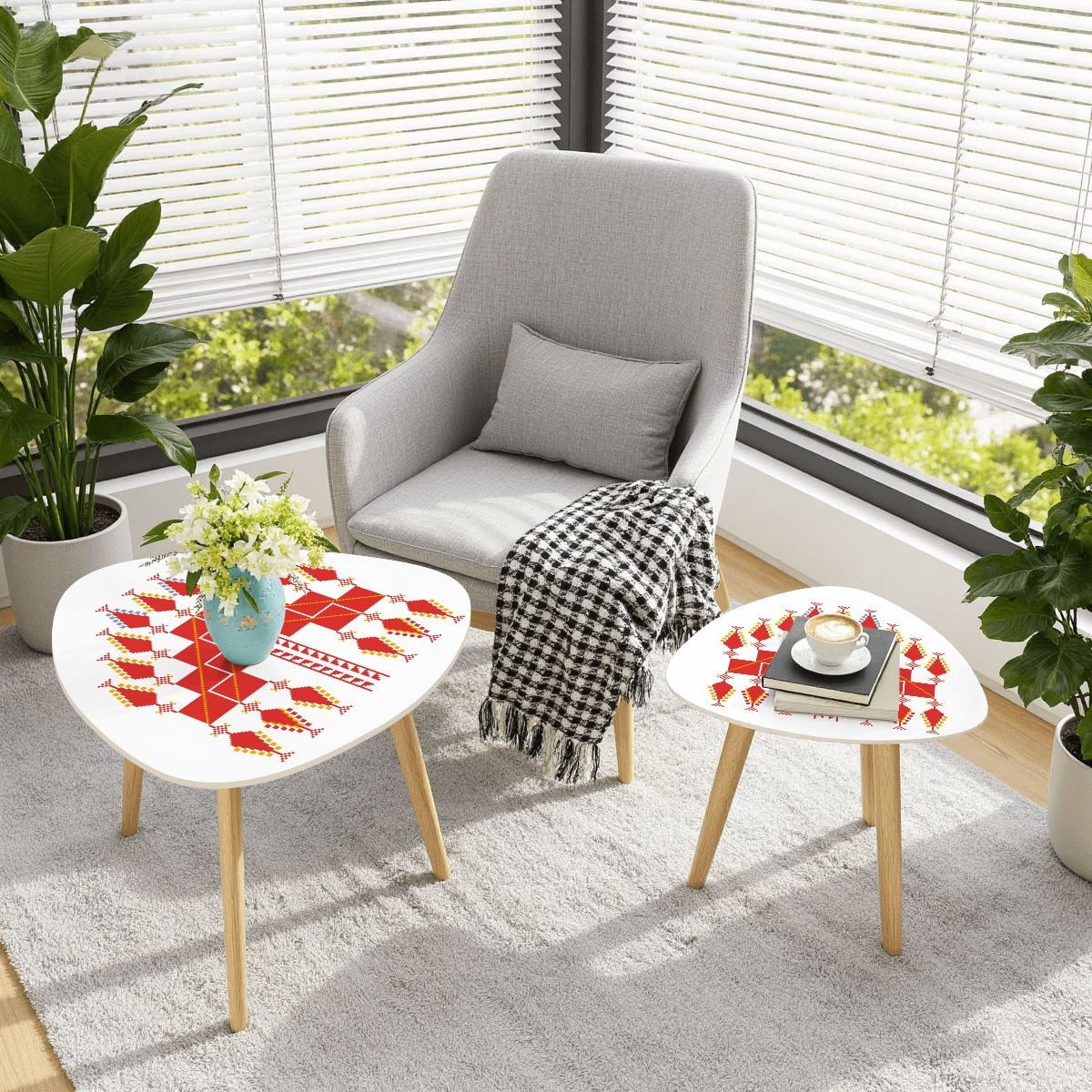 Palestinian Tatreez Design Triangle Coffee Table Set of 2