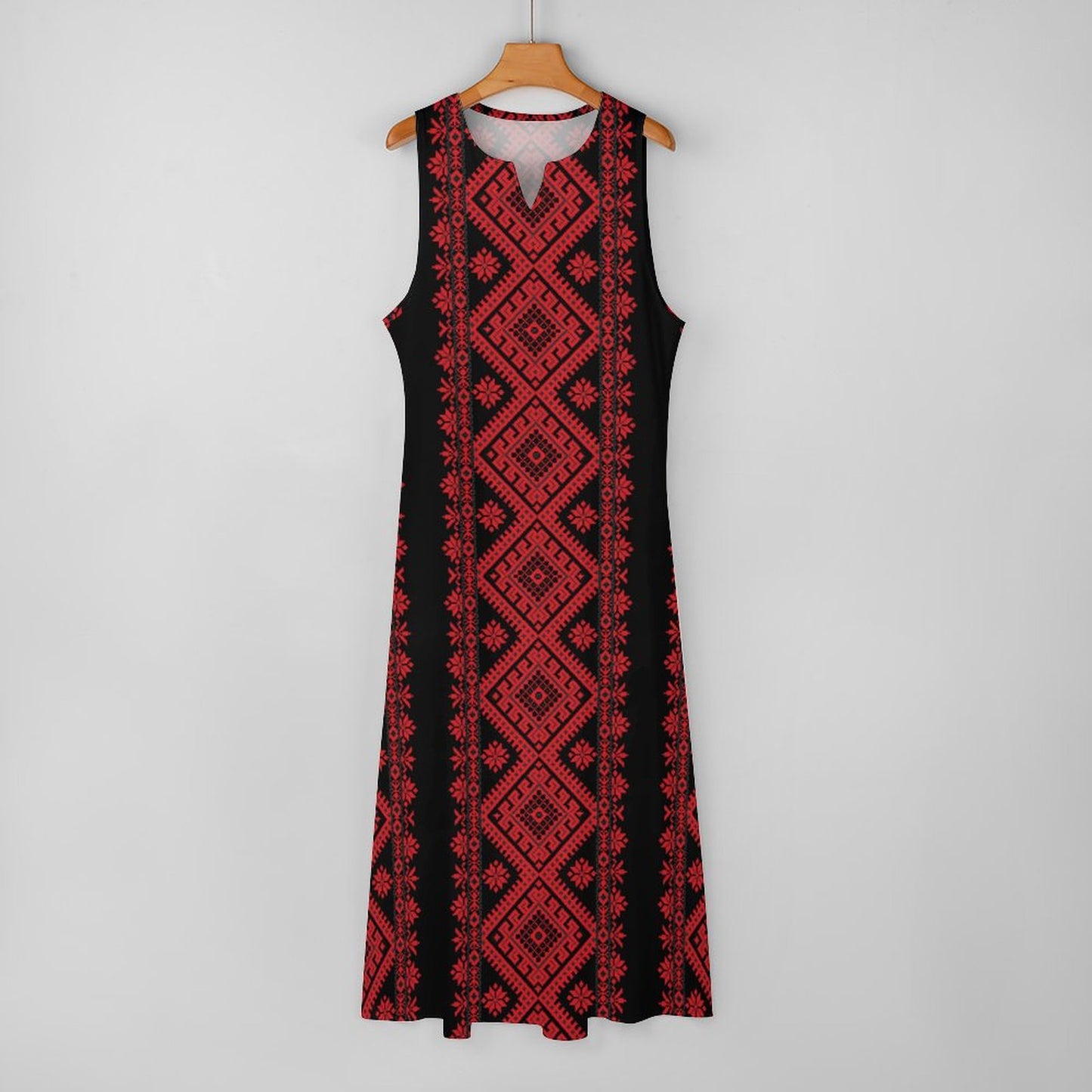 Palestinian Tatreez Print Sleeveless Long Dress Long dress, Red,