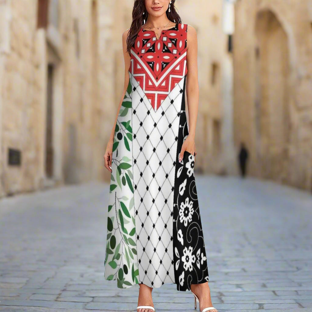 Palestinian Flag Keffiyeh Solidarity Sleeveless Long Graduation Dress Red.White/Green/Black / 3XL
