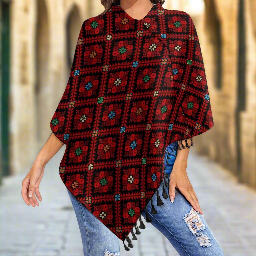 Palestinian Tatreez Print Fringed Knitted Tassel Poncho