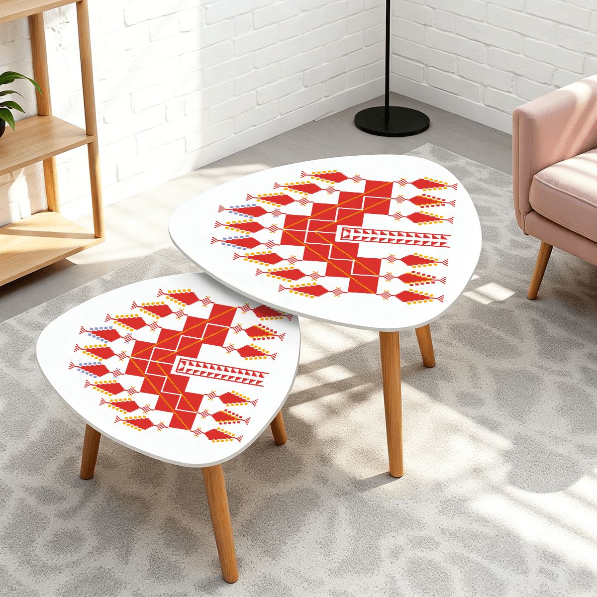 Palestinian Tatreez Design Triangle Coffee Table Set of 2