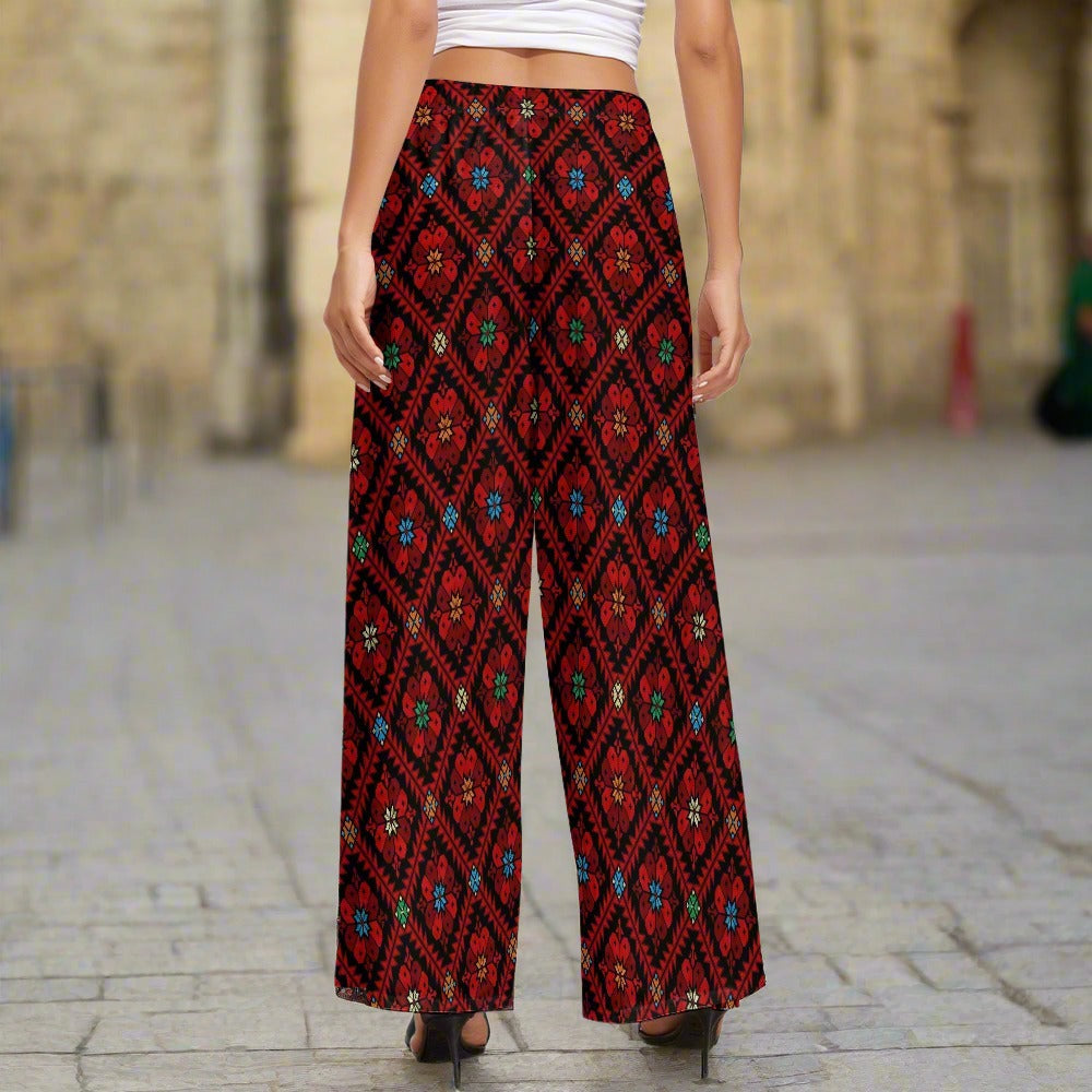 Ethnic Palestinian Tatreez Print Women's Wide Leg Pants