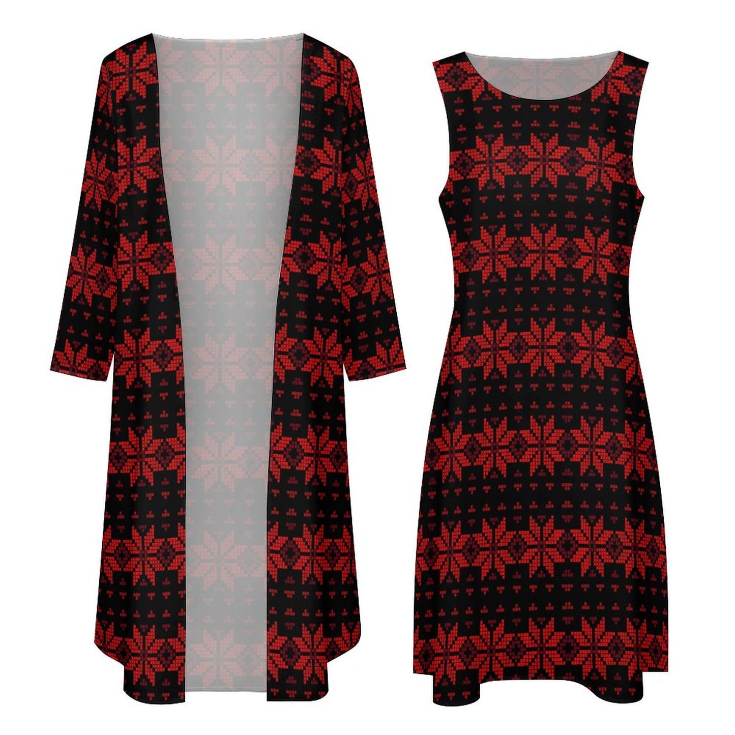 Palestinian Tatreez Print Long Dress 2 Piece Set