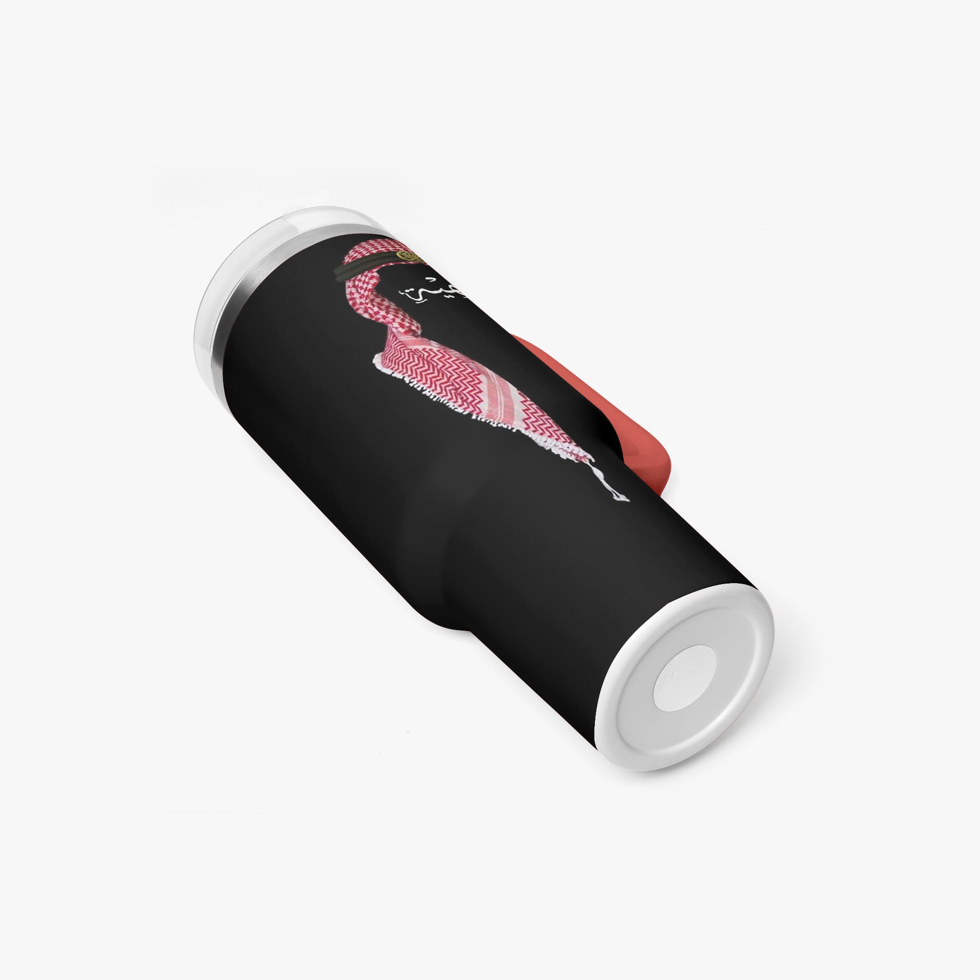 Black tumbler with a flamingo design on a white background