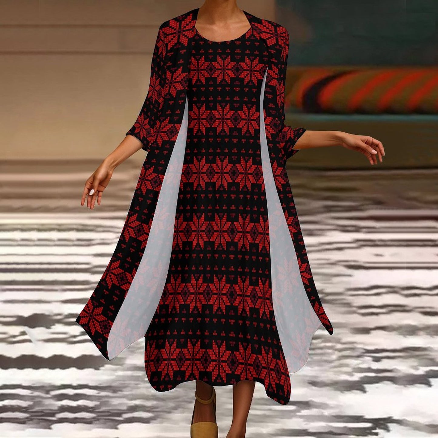 Palestinian Tatreez Print Long Dress 2 Piece Set