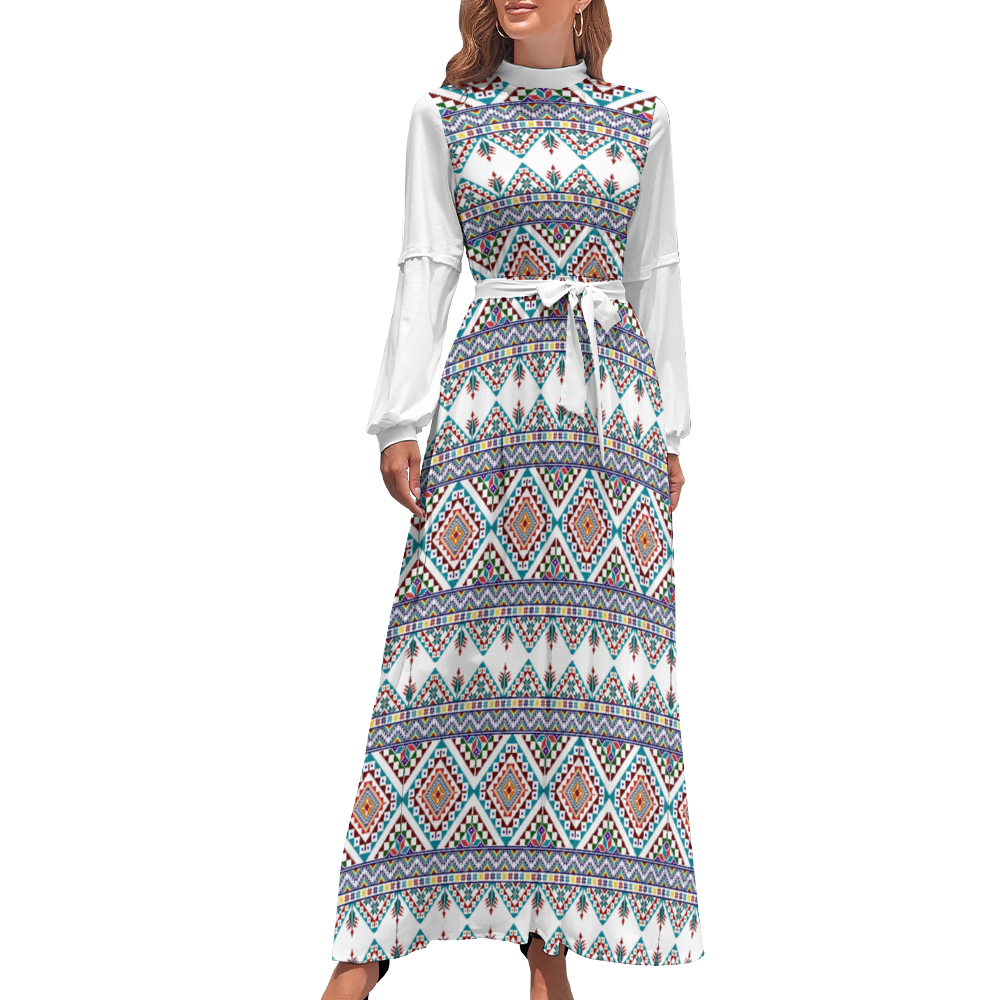 Tatreez Print Women's Long Sleeves High Neck Hijab Dress Casual Long Skirts