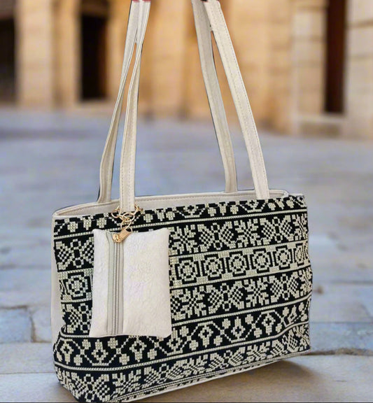 beige Embroidered tatreez bag in palestinian culture