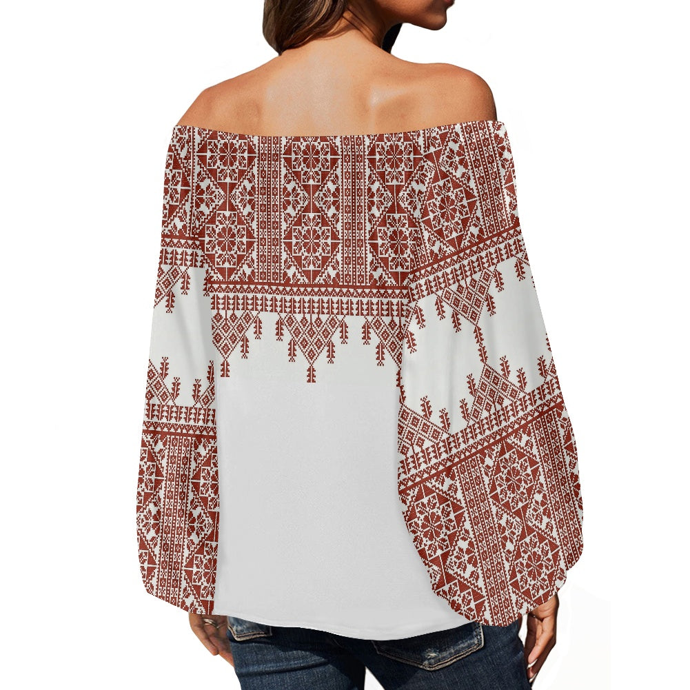 Palestinian Tatreez Print Off-shouldered chiffon blouse