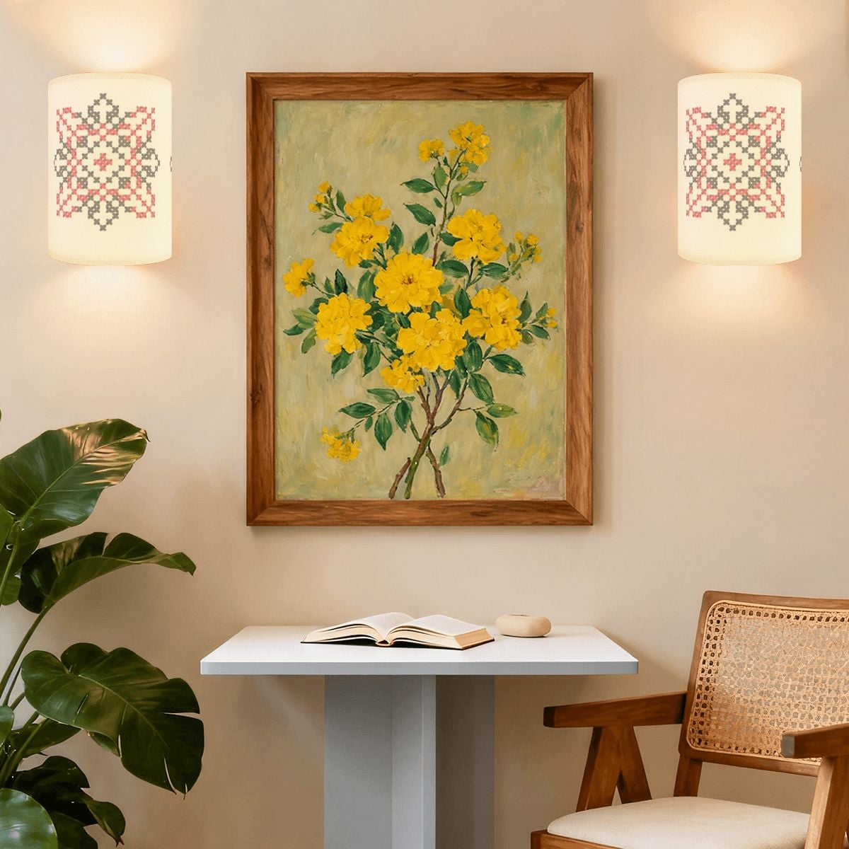 Palestinian Tatreez Print Wireless Wall Sconces Set of Two