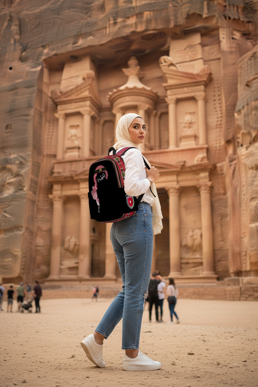Woman نشميه Jordanian Large Capacity Oxford Backpack with Cloth Side Pockets