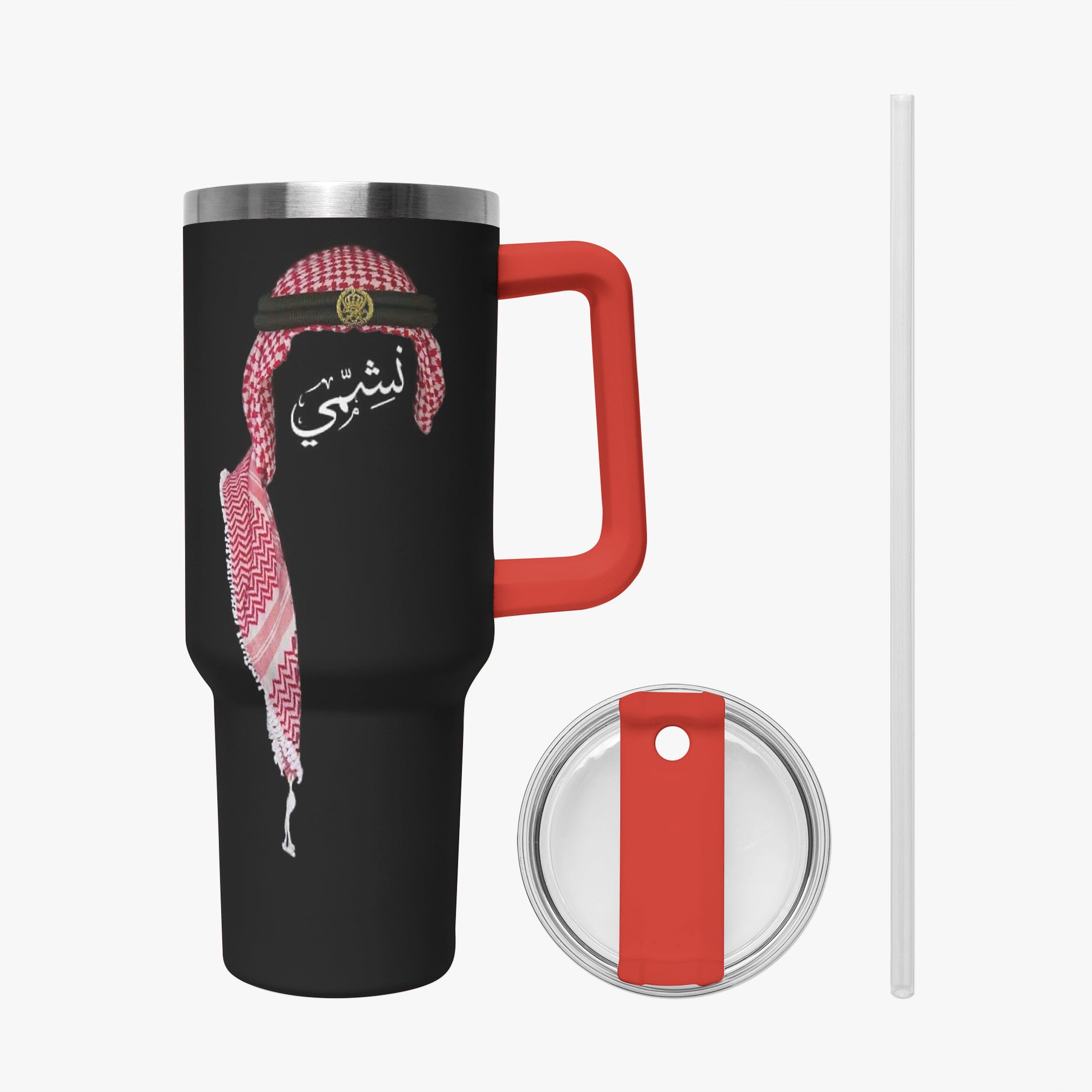 Black travel mug with red handle and pink headscarf design on a white background