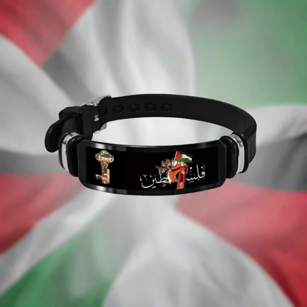 Palestine Key Flag Silicone and Stainless Steel Strap Bracelet