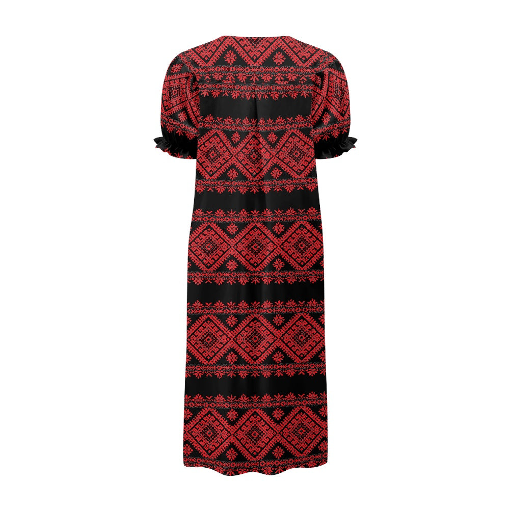 Palestinian Tatreez Print Puff sleeve dress,