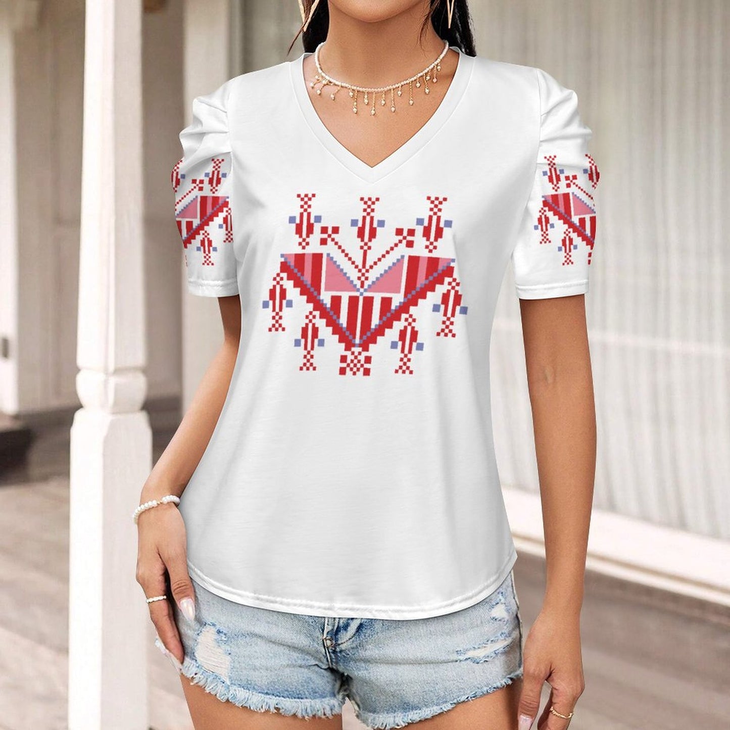 Palestinian Tatreez Print Graduation Puff Short Sleeve Top