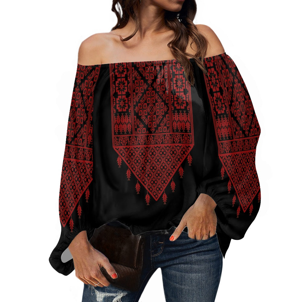 Palestinian Tatreez Print Off-shouldered chiffon blouse