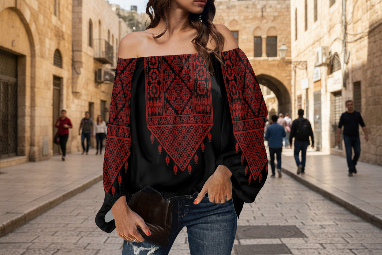 Palestinian Tatreez Print Off-shouldered chiffon blouse