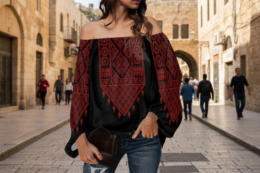 Palestinian Tatreez Print Off-shouldered chiffon blouse