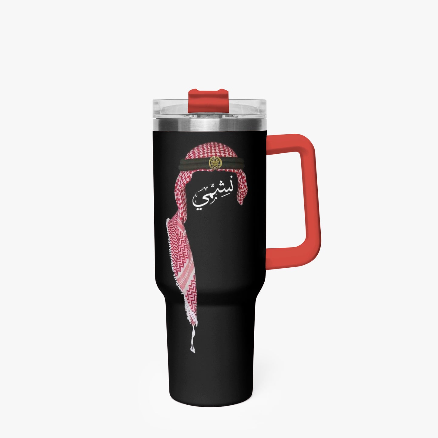 Black travel mug with red handle and pink headdress design on a white background