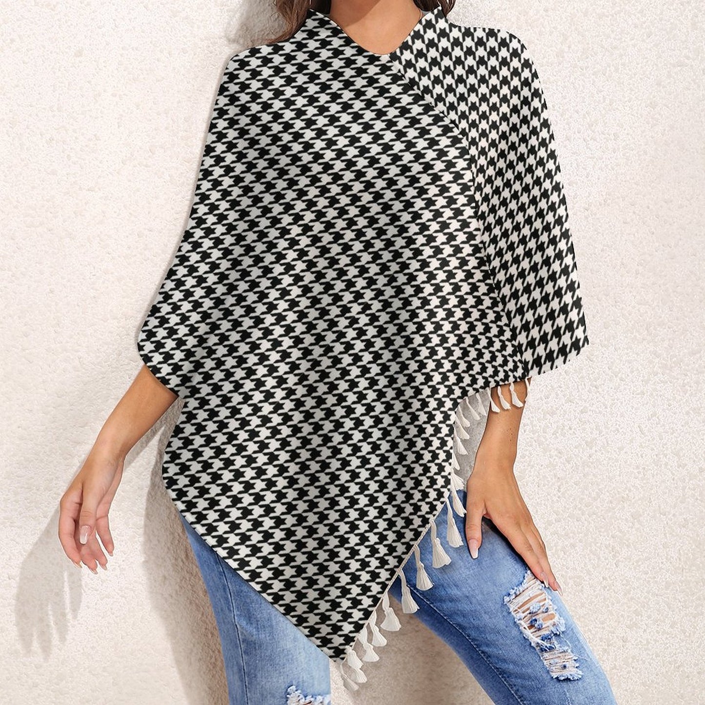 Fringed Knitted Tassel Houndstooth Kuffiyeh Pattern